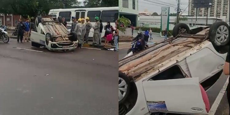 Um carro capotou após o motorista desviar de um pedestre para evitar o atropelamento. O acidente aconteceu. Motorista desvia
