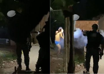 Só de cueca e com um terçado na mão, um homem não identificado, desafiou policiais das Rondas Ostensivas. Vídeo:
