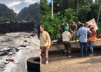 Uma carreta carregada de calcário tombou após o motorista perder o controle do veículo. O acidente ocorreu. Carreta