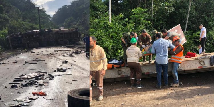 Uma carreta carregada de calcário tombou após o motorista perder o controle do veículo. O acidente ocorreu. Carreta