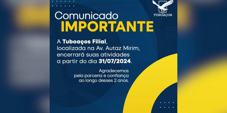 Prezados clientes, vimos informar que, após uma cuidadosa análise do mercado e diversos fatores, tomamos. Tuboaços