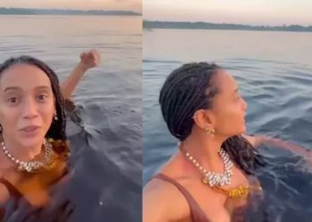 Taís Araújo e Lázaro Ramos mergulham com botos no Rio Amazonas
