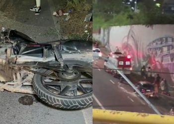 Com a esposa na garupa, motoqueiro colide contra carro na Avenida das Flores após sair de supermercado