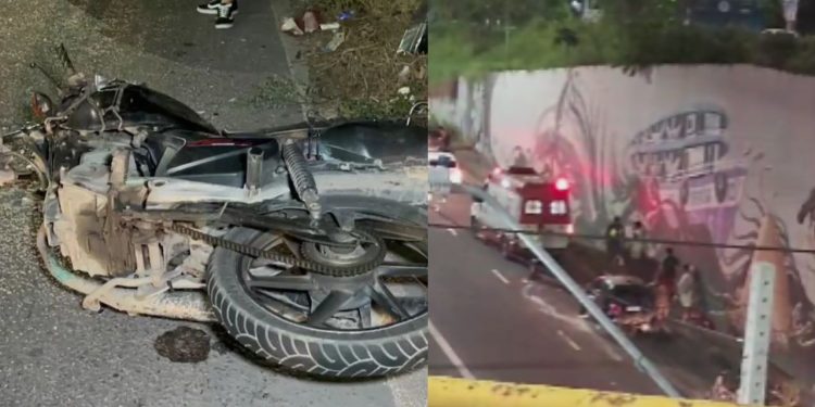 Com a esposa na garupa, motoqueiro colide contra carro na Avenida das Flores após sair de supermercado