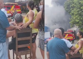 Vídeo triste mostra empresário chorando ao ver sua fábrica sendo destruída em incêndio em Manaus