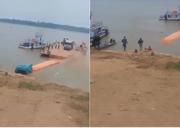 Vídeos: carreta cai no rio após cabo de balsa se romper em Humaitá