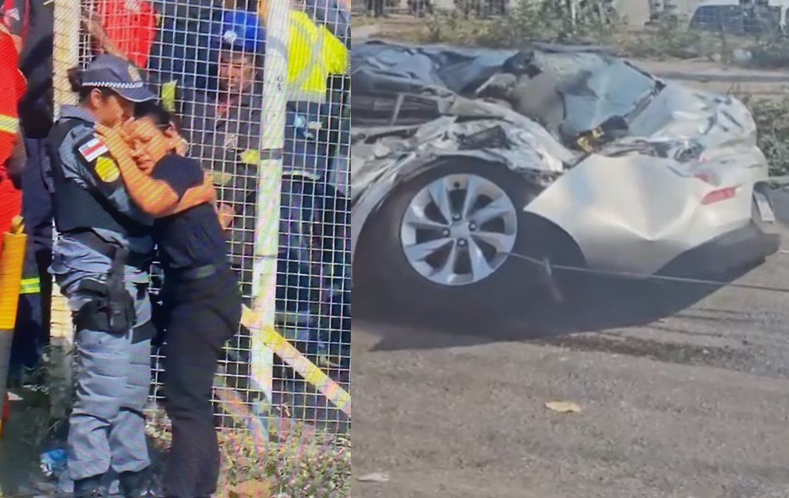 Ao ver o marido esmagado por carreta, esposa entre em desespero e recebe abraço de policial militar