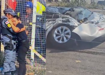 Ao ver o marido esmagado por carreta, esposa entre em desespero e recebe abraço de policial militar