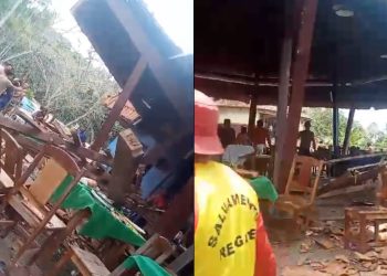 Quatro pessoas ficaram feridas após parte do teto de um restaurante desabar neste domingo (1º), na Corredeira. Vídeo: