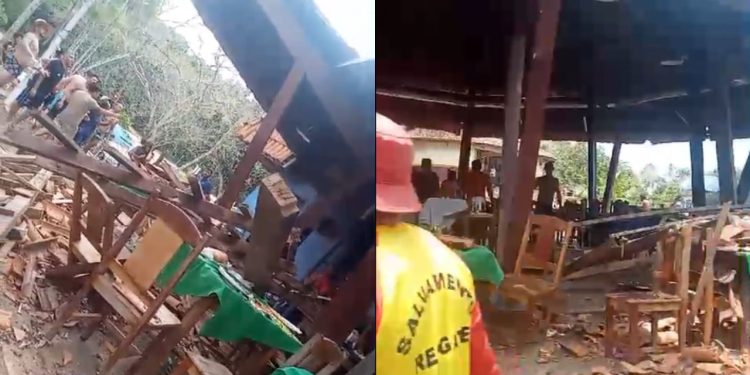 Quatro pessoas ficaram feridas após parte do teto de um restaurante desabar neste domingo (1º), na Corredeira. Vídeo: