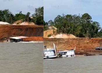 Vídeo mostra exato momento que barranco cai e sai levando flutuante e embarcações em Manacapuru