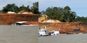 Vídeo mostra exato momento que barranco cai e sai levando flutuante e embarcações em Manacapuru