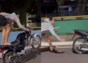 Vídeo: ‘Amostradinho’ cai de moto ao fazer ‘grau’ no bairro Compensa