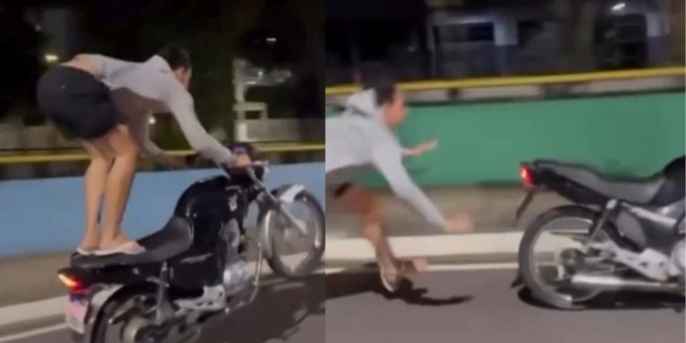 Vídeo: ‘Amostradinho’ cai de moto ao fazer ‘grau’ no bairro Compensa