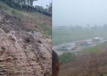 Vídeo mostra momento em que barranco desmorona durante forte chuva em Anamã