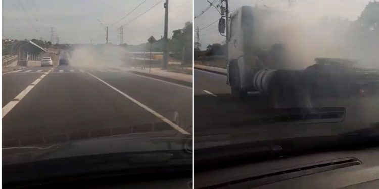 Vídeo flagra caminhão soltando fumaça na Avenida das Torres