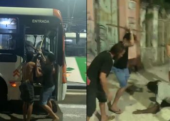 Vídeo mostra homens brigando com pedras e madeira dentro de ônibus em Manaus