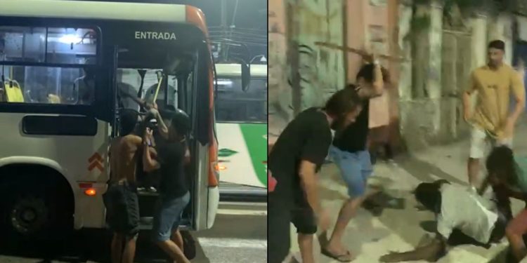 Vídeo mostra homens brigando com pedras e madeira dentro de ônibus em Manaus