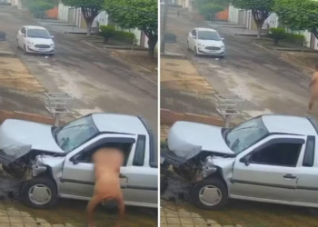 Vídeo: Homem foge pelado após roubar carro e bater contra muro