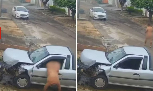 Vídeo: Homem foge pelado após roubar carro e bater contra muro