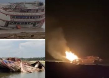 Barco naufragado há 1 ano é incendiado na Marina do Davi, em Manaus