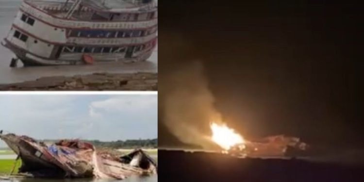 Barco naufragado há 1 ano é incendiado na Marina do Davi, em Manaus