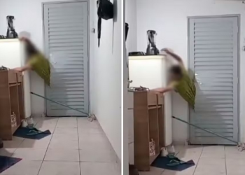 Vídeo: Homem fica entalado em porta ao tentar invadir a casa da ex