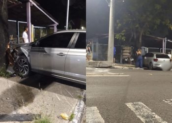 Motorista perde controle e carro atinge arvore e portão de casa na Avenida das Torres.