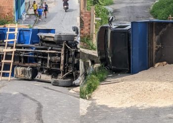 Carregada de areia, caçamba tomba ao tentar subir ladeira no Alfredo Nascimento