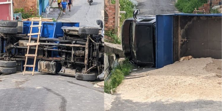 Carregada de areia, caçamba tomba ao tentar subir ladeira no Alfredo Nascimento