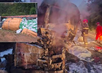 Vídeo: carreta pega fogo e caminhão tomba na BR-174; três pessoas ficaram feridas