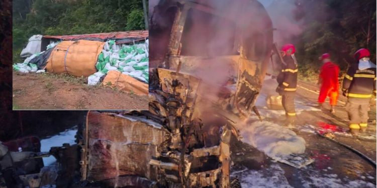Vídeo: carreta pega fogo e caminhão tomba na BR-174; três pessoas ficaram feridas