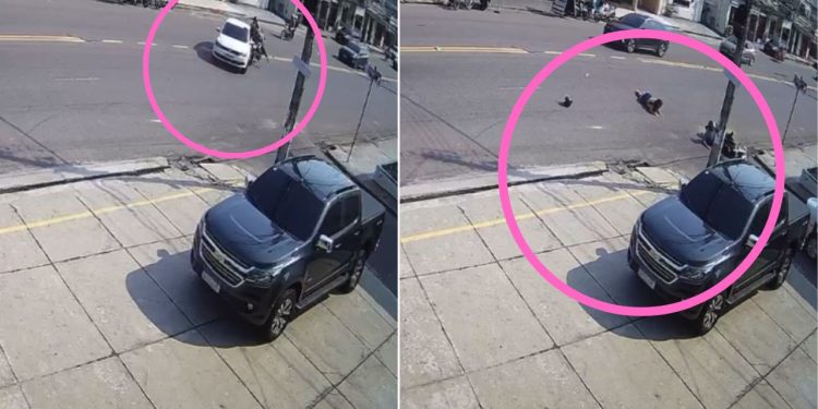 Vídeo: carro faz manobra e colide com motociclista e garupa no bairro Raiz.