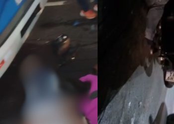 Motociclista vai parar debaixo de ônibus após se enroscar em fio caído na Constantino Nery