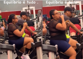 Vídeo: Mulher é flagrada comendo hamburguer durante treino em academia