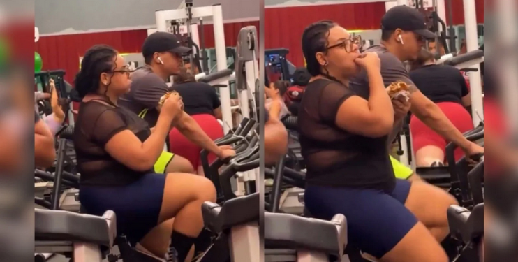 Vídeo: Mulher é flagrada comendo hamburguer durante treino em academia