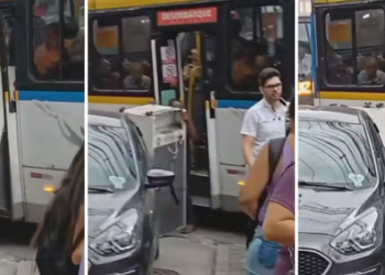 Vídeo: Passageiro tenta transportar geladeira em ônibus lotado, é impedido e ainda xinga motorista
