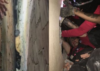Vídeo mostra homem que caiu de de laje e ficou preso entre paredes no Lírio do Vale