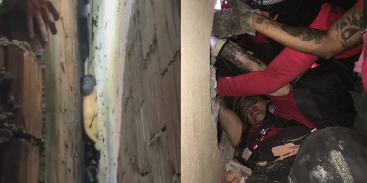 Vídeo mostra homem que caiu de de laje e ficou preso entre paredes no Lírio do Vale