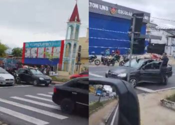 Motoqueiro 'voa' e vai parar em cima de carro durante acidente na avenida Autaz Mirim