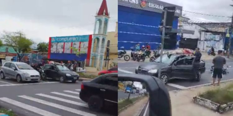 Motoqueiro 'voa' e vai parar em cima de carro durante acidente na avenida Autaz Mirim