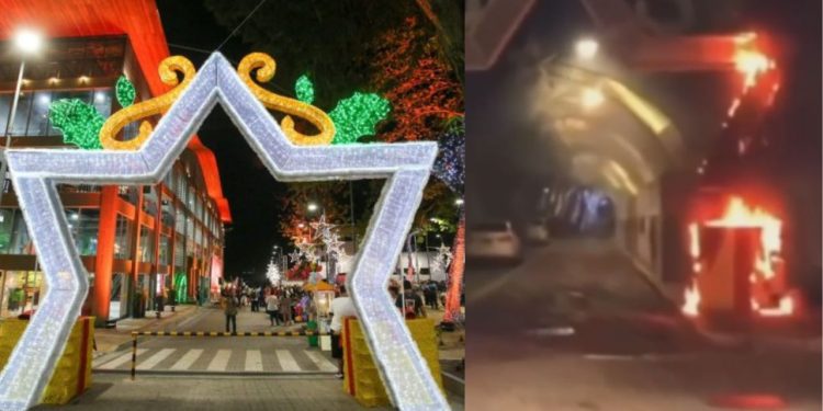 Vândalos tacam fogo em estrutura natalina no Centro de Manaus