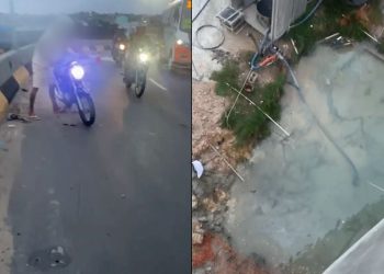 Vídeo: motociclista cai de viaduto na Bola do Produtor e é salvo por poça d’água