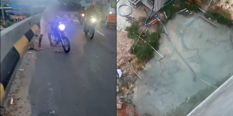 Vídeo: motociclista cai de viaduto na Bola do Produtor e é salvo por poça d’água