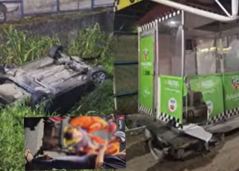 Vídeo: carro bate em barraca da PM e cai em igarapé na avenida Torquato Tapajós