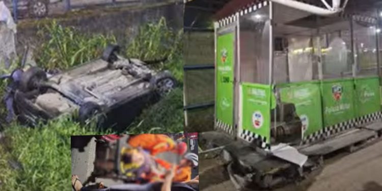 Vídeo: carro bate em barraca da PM e cai em igarapé na avenida Torquato Tapajós