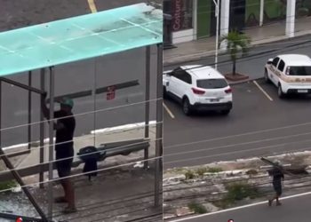 Vídeo flagra homem destruindo ponto de ônibus para roubar alumínio no bairro Dom Pedro