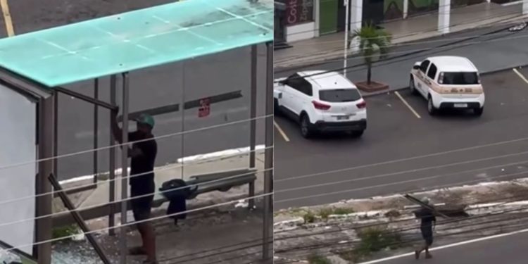 Vídeo flagra homem destruindo ponto de ônibus para roubar alumínio no bairro Dom Pedro