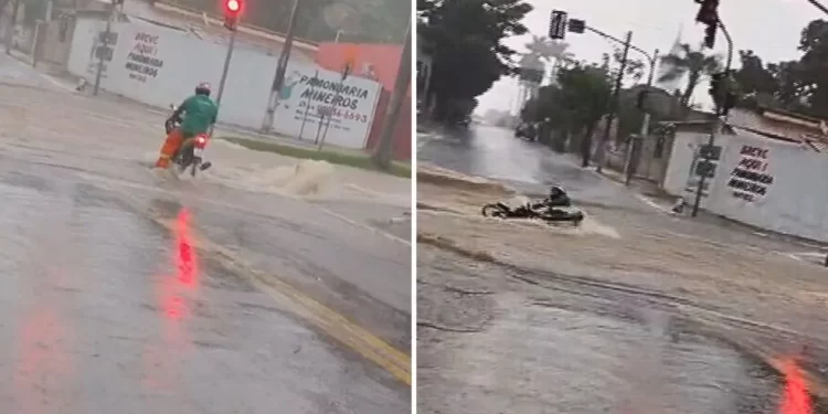 Vídeo mostra momento em que motociclista desaparece após ser arrastado por enxurrada