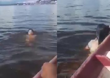 vídeo mostra mulher com sinais de embriaguez tentando atravessar o rio em Tefé
